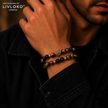 LONDON Mens Bracelet Leather Black Multi-Layer Stone Beads Adjustable Steel Clasp Viking Rope Bands Surfer Man Wristband Male UK Jewellery Gift box Boyfriend Dad Son Brother Tiger Eye - color: H. Tiger-Eye Black Agate Stacked, size: Medium to Large 20-22c