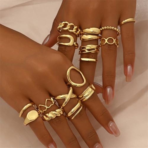 Trendy Knuckle Rings Set for Women Dainty Stackable Joint Finger Midi Rings Pack Adjustable Dome Twist Hollow Chunky Rings Statement Jewelry Mixed Size - style: D-Gold-16Pcs