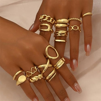 Trendy Knuckle Rings Set for Women Dainty Stackable Joint Finger Midi Rings Pack Adjustable Dome Twist Hollow Chunky Rings Statement Jewelry Mixed Size - style: D-Gold-16Pcs