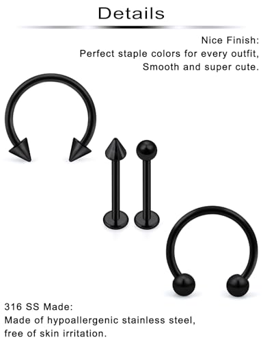 Lip Rings 32PCS Labret Jewelry Monroe Lip Barbell Ring Snake Bite Piercing Jewelry 16G Helix Earring Daith Tragus Cartilage Studs Surgical Steel Piercing Jewelry for Women Men - color: 32pcs,16 gauge,black