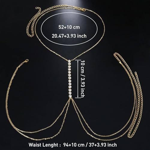 Gold Plated Body Chain for Women, Layered Bikini Waist Chain | Sexy Rhinestone Body Jewelry, Chest Belly Chain, Adjustable Fit, Crossover Design, Summer Beach Parties and Vacations - color: Gold3