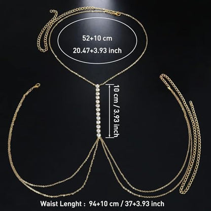 Gold Plated Body Chain for Women, Layered Bikini Waist Chain | Sexy Rhinestone Body Jewelry, Chest Belly Chain, Adjustable Fit, Crossover Design, Summer Beach Parties and Vacations - color: Gold3