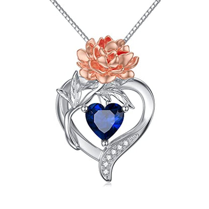 TOUPOP Birth Flower Necklace 925 Sterling Silver Heart Birthstone Pendant Necklaces Birth Month Floral Jewelry Birthday Valentines Day Mothers Day Gifts for Women Wife Mom - style: 9-September-Peony