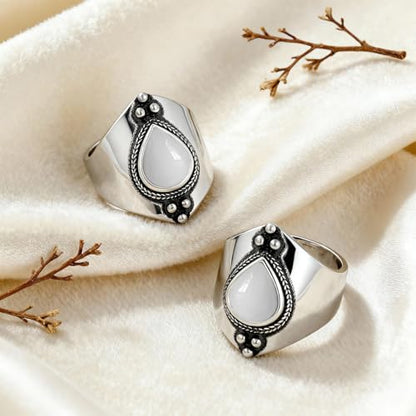 Natural Waterdrop Stone Wide Band Ring,Sterling Silver Genuine Teardrop Crystal Quartz Gemstone Statement Wide Chunky Full Finger Band Ring for Women - color: A03_White Agate