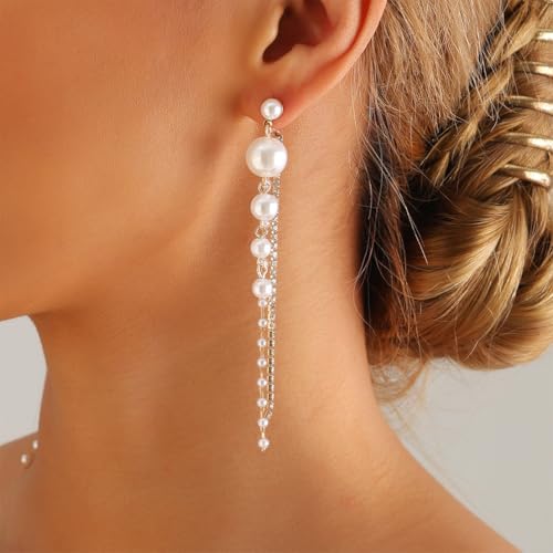 Statement Beaded Pearl Drop Dangle Earrings for Women, Charm Crystal Pearls Zircon Long Tassel Stud Earring Dangling Exquisite Prom Party Jewelry Gifts