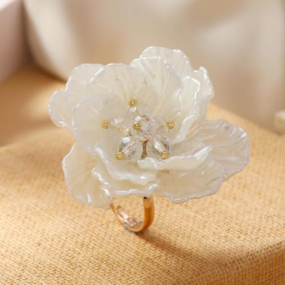 Dtja Elegant Shell Pearl Flower Statement Ring for Women Lady Artificial White Camellia Cherry Blossom Petals Adjustable Wide Wrap Rings Comfort Fit Delicate Wedding Holiday Party Jewelry