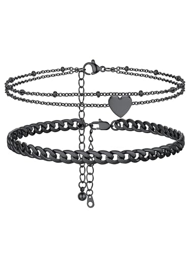 PROSTEEL Trendy Handcuffs Design/Customize Words Ankle Bracelet For Women, 316L Stainless Steel Anklets Silver/Gold/Black Tone, Hypoallergenic, Come with Box - style: 05.2 Layered-Cuban&Heart-Black