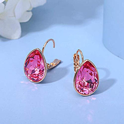 Austrian Crystal Teardrop Leverback Drop Earrings for Women | 14K Gold-Plated Finish, Sparkling Pear Stone, Smooth Bezel Frame, Secure Leverback Closure, Dainty Day-To-Evening Style - color: Rose Pink