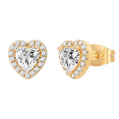 PAVOI 14K Gold Plated 925 Sterling Silver Post Brilliant Round Faux Diamond Halo Earrings - Premium Cubic Zirconia - style: Heart