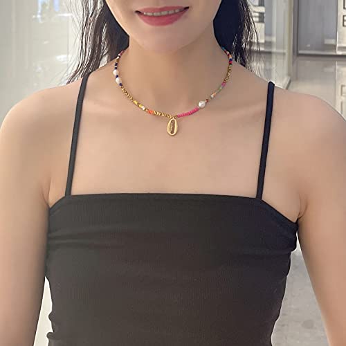 Wellike Freshwater Pearl Beaded Necklace for Women Handmade Boho Colorful Glass Beads Choker Necklace Stainless Steel 18K Gold Plated Bohemian Women Summer Jewelry Gifts - color: D