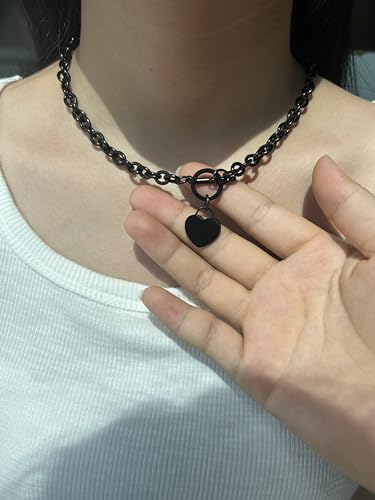 WangGao Elegent Love Stainless Steel Link Chain Blank Heart Charms Necklace for Women Toggle Clasp Closure - color: Black, size: 17.72inches