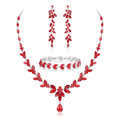 EVER FAITH Marquise Crystal Leaf Bridal Prom Jewelry Set for Women Bride | Rhinestone Wedding Party Necklace Dangle Earrings Tennis Bracelet, for Bridesmaid - color: Ruby Red