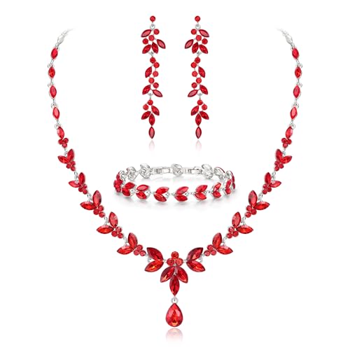 EVER FAITH Marquise Crystal Leaf Bridal Prom Jewelry Set for Women Bride | Rhinestone Wedding Party Necklace Dangle Earrings Tennis Bracelet, for Bridesmaid - color: Ruby Red