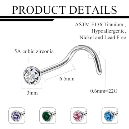 ASTM F136 Titanium Nose Rings 18G 20G 22G Jeweled Mix Color CZ Nose Studs Ring Screw L-Shaped Bone Hypoallergenic Nostril Body Piercing Jewelry for Women 1.5mm 2mm 2.5mm 3mm 10PCS - style: Screw:22G(0.6mm)-3mm CZ