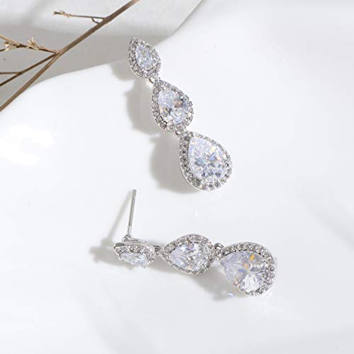 Women's Cubic Zirconia Bridal Earrings - Elegant Long Wedding Party Prom Earring for Bride Bridesmaids Crystal CZ Rhinestone Chandelier Statement Dangle Drop Earrings for Women - color: Silver