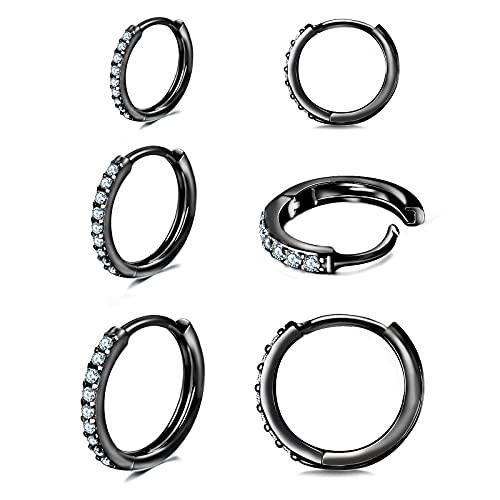 3 Pairs 925 Sterling Silver Small Hoop Earrings for Women Men | Cubic Zirconia, 14K White Gold Plated Huggie Hoop Earrings, Hypoallergenic - style: M-black 8/10/12mm