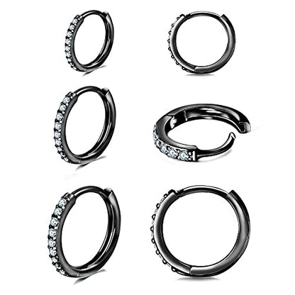 3 Pairs 925 Sterling Silver Small Hoop Earrings for Women Men | Cubic Zirconia, 14K White Gold Plated Huggie Hoop Earrings, Hypoallergenic - style: M-black 8/10/12mm