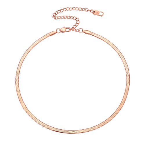 PROSTEEL 3mm/5mm Herringbone Choker Necklace for Women, 12.5"/15"/18", Stainless Steel/Sterling Silver Flat Snake Chain in Silver/Yellow Gold/Rose Gold/Black, Come with Box - color: 3mm-Rose Gold Plated, size: 18 Inch