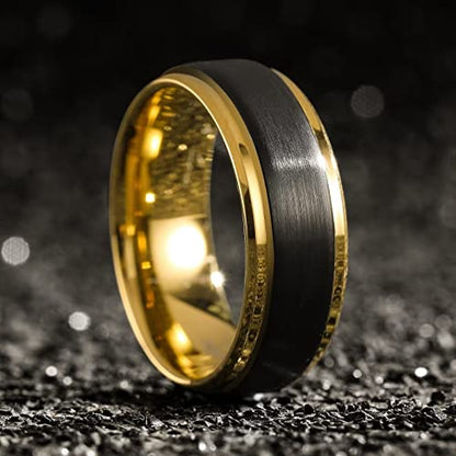 King Will Mens Brushed Wedding Band, Two Tone Matte Step Edges/Pipe Cut, Tungsten Carbide Anniversary Promise Rings Comfort Fit - color: Black&Gold-8mm
