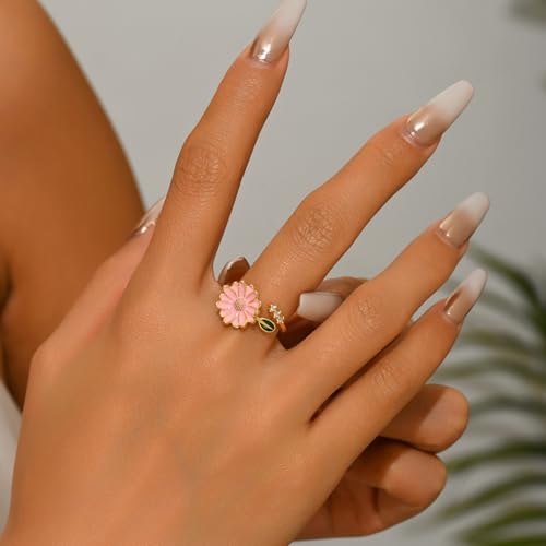 Adjustable Rings for Women 18K Gold Plated daisy Flower Butterfly Ball Cubic Zirconia Rings Dainty Open Stacking Ring - color: Pink Flower-Gold