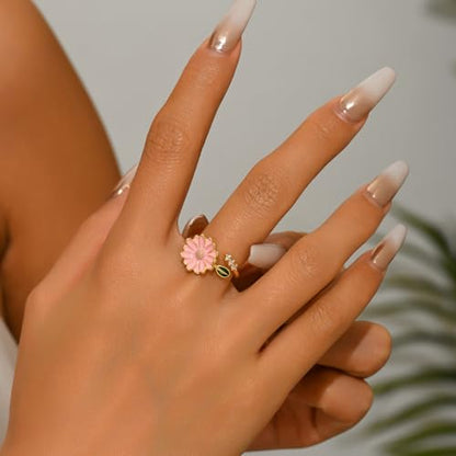 Adjustable Rings for Women 18K Gold Plated daisy Flower Butterfly Ball Cubic Zirconia Rings Dainty Open Stacking Ring - color: Pink Flower-Gold