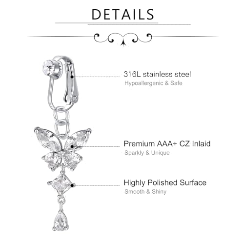 D.Bella Fake Belly Ring Fake Belly Piercing Clip on Belly Button Rings Surgical Steel Fake Belly Button Ring Fake Earrings Diamond Snake Dangle Non Piercing Fake Belly Piercing Jewelry - style: Style K