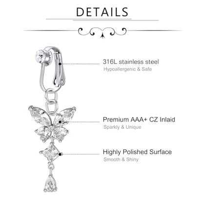 D.Bella Fake Belly Ring Fake Belly Piercing Clip on Belly Button Rings Surgical Steel Fake Belly Button Ring Fake Earrings Diamond Snake Dangle Non Piercing Fake Belly Piercing Jewelry - style: Style K