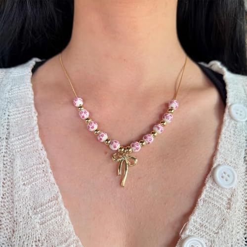3PCS Bow Beaded Jewelry Set for Women Vintage Handmade Flower Blue And White Porcelain Enamel Ribbon Necklace Bracelet and Earrings Bow Christmas Birthday Holiday Charm Romantic Jewelry Gifts - style: Pink