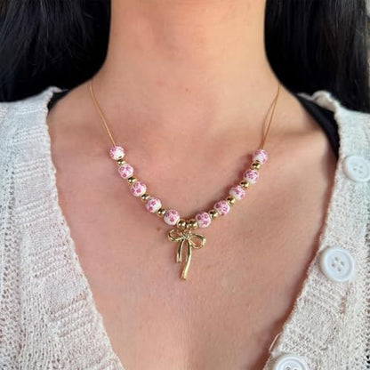 3PCS Bow Beaded Jewelry Set for Women Vintage Handmade Flower Blue And White Porcelain Enamel Ribbon Necklace Bracelet and Earrings Bow Christmas Birthday Holiday Charm Romantic Jewelry Gifts - style: Pink