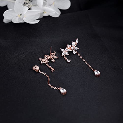 SLUYNZ 925 Sterling Silver Dainty CZ Flowers Wrap Earrings Dangle Chain for Women Elegant Dangling Earrings Bridal Earrings Wedding Engagement Drop Earrings Prom Engagement Party Jewelry - color: B-Rose Gold Plated