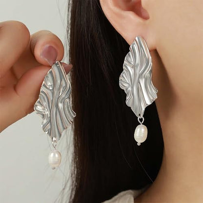 Large Geometric Drop Dangle Earrings for Women Pearl Teardrop Disc Rectangle Oval Fishtail Shell Shaped Textured Dangle Studs Earrings for Women - color: Silver-Pearl