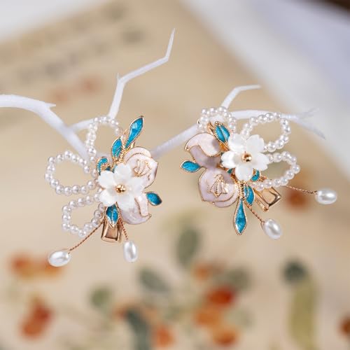 A Pair Wedding Hair Clips, Handmade Floral Design Crystal Hair Clips Pearl Barrettes, Rhinestones Flower Clips Pearl Headpieces Hair Pins Hair Accessories for Women Girls (White) - color: White