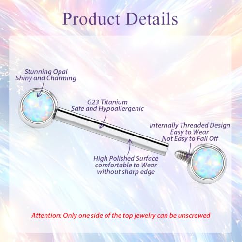 FUNLMO 2pcs Nipple Piercing Jewelry Titanium Nipple Rings Internally Threaded Tongue Rings Bridge Piercing Jewelry Nipple Barbells 14G 12-20mm - color: Silver,White Opal