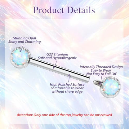 FUNLMO 2pcs Nipple Piercing Jewelry Titanium Nipple Rings Internally Threaded Tongue Rings Bridge Piercing Jewelry Nipple Barbells 14G 12-20mm - color: Silver,White Opal