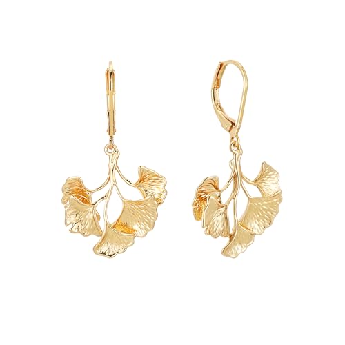 Sylph Large Gold Earrings for Women, Chunky Gold Statement Drop Dangle Earring Maple Leave Ginko Leaf Jewelry Gifts - style: Middle Ginko Leaf Earrings