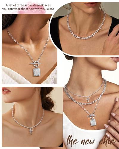 MJartoria Layered Initial Necklaces for Women Trendy, 14K Gold Plated Brass Simple Dainty Cross Choker Square Letter Pendant Necklace, Paperclip Chain Necklaces Jewelry - color: Silvery, style: T