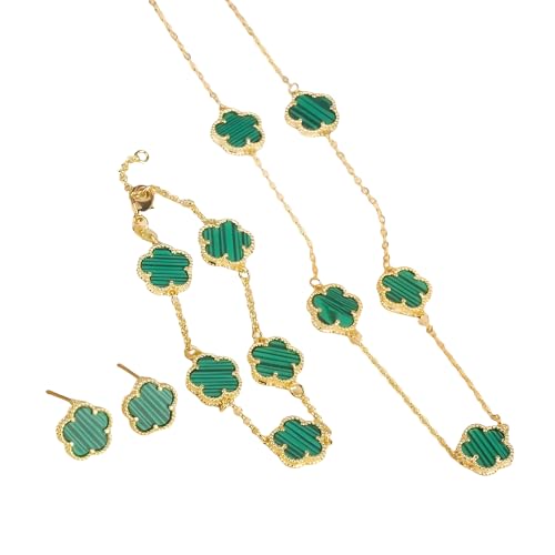14K Gold-Filled Clover Necklace For Women - Classic Five-Leaf Flower Set Bracelet Necklace Earrings Jewelry Set, Five Leaf Clover Necklaces Dainty Lucky Clover Jewelry - color: Green - Clover Necklace