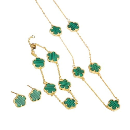 14K Gold-Filled Clover Necklace For Women - Classic Five-Leaf Flower Set Bracelet Necklace Earrings Jewelry Set, Five Leaf Clover Necklaces Dainty Lucky Clover Jewelry - color: Green - Clover Necklace