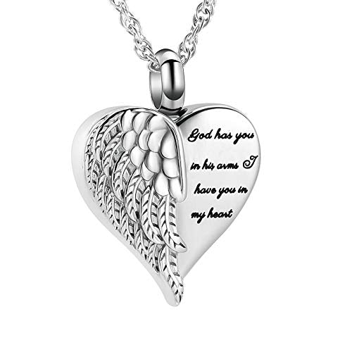shajwo Cremation Heart Urn Necklace Ashes Jewelry for Women Men Keepsake Pendant Memorial Locket Ash Holder - color: Wing-Silver