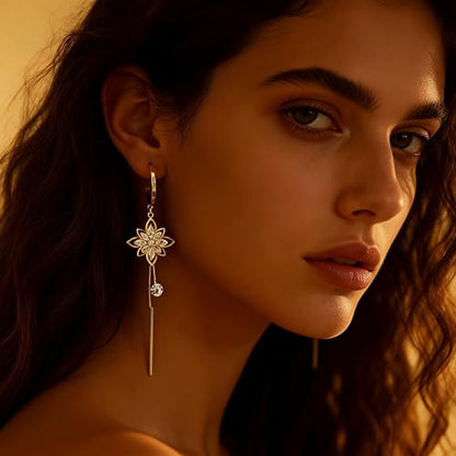 14K Gold Plated CZ Flower Dangle Earrings for Women, Sparkly Cubic Zirconia Long Tassel Drop Earrings, Bridal Wedding Jewelry - color: C:Flower Pearl Earrings