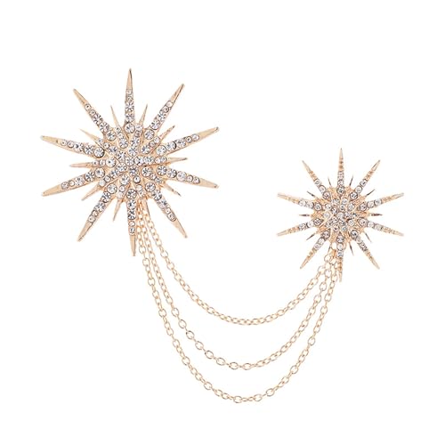 Rhinestone Star Brooch Pin for Women Men Dainty Crystal Snowflake Sun Flower Hanging Chain Tassel Brooches Dress Suit Shirt Accessory Lapel Pins Wedding Party Banquet Ceremony Decoration Jewelry Groom - color: Gold