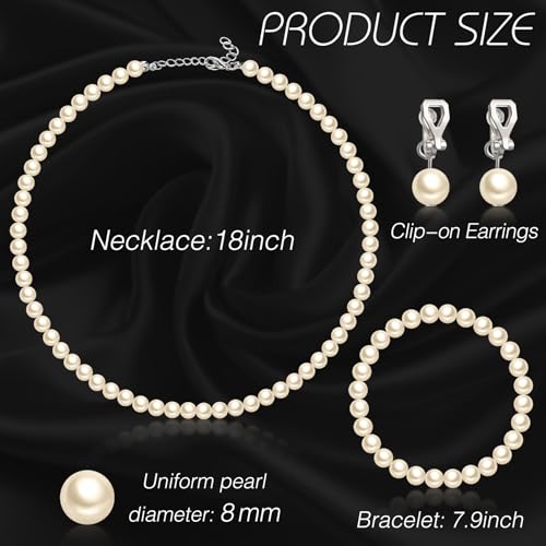 3 Pcs Pearl Jewelry Set Faux Pearl Clip on Earring Necklace Bracelet for Women Bridesmaid Birthday Wedding Gift - color: Beige, size: 8 mm