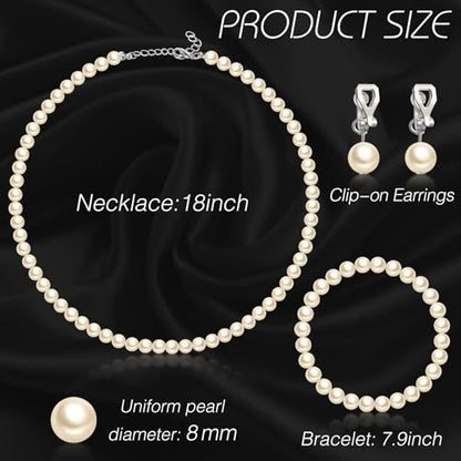 3 Pcs Pearl Jewelry Set Faux Pearl Clip on Earring Necklace Bracelet for Women Bridesmaid Birthday Wedding Gift - color: Beige, size: 8 mm