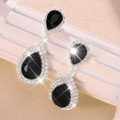 Catery Crystal Wedding Earrings Silver Rhinestone Ear Rings Teardrop Bridal Ear Jewelry for Brides and Women - color: Black
