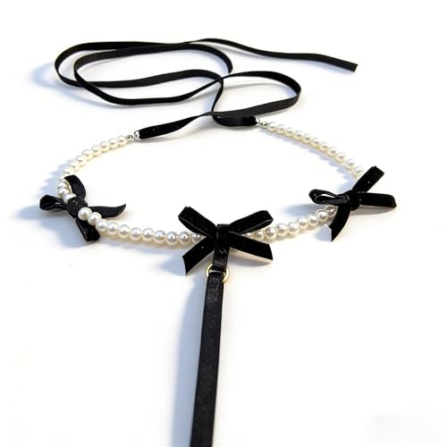Black Pearl Bow Choker Necklace, Vintage Ribbon Beaded Collarbone Chain for Women, Party Birthday Jewelry
