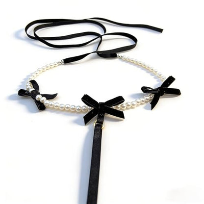 Black Pearl Bow Choker Necklace, Vintage Ribbon Beaded Collarbone Chain for Women, Party Birthday Jewelry