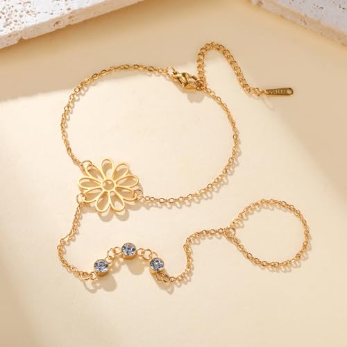 UNIFT Hand Chain Bracelets for Women Set Stainless Steel Adjustable Heart or Four-Leaf Clover Ring Chain Bracelet Trendy Dainty Jewelry Set Gifts - color: gold 3