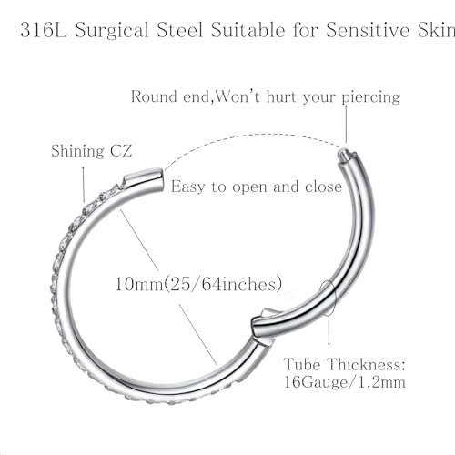 ORANGELOVE 20G 18G 16G Clear CZ Nose Ring Hoop 316L Surgical Steel Seamless Silver Septum Ring Clicker Jewelry Cartilage Earring Ear Piercing Hoop Earrings for Women Men Helix Rook Lobe Conch Tragus Daith Lip Hinged Piercing Jewelry with Cubic Zirconia -
