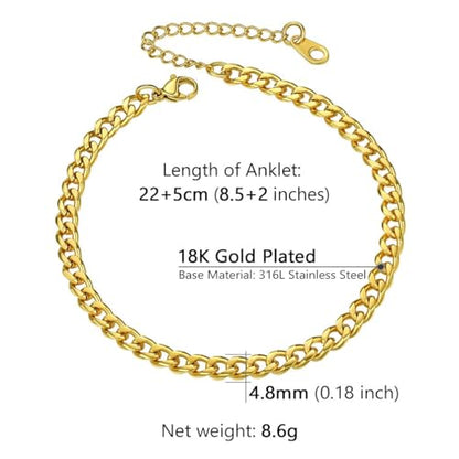 PROSTEEL Ankle Bracelets for Women, Silver/Gold/Black, Waterproof Anklets | Waterproof, Stainless Steel, Summer Beach Jewelry, Durable & No Tarnish, Come with Gift Box, 8-10.5" Adjustable, Plus Size - color: B: gold-cuban chain-4.8mm