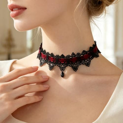 Gothic Lace Choker Tie-Up Velvet Ribbon 2 Pack Black & Burgundy Soft Collar Necklace with Crystal Drop Pendant Set - color: Black+Burgundy